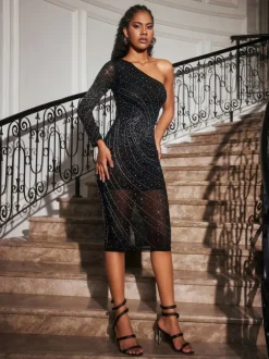 Abene One Shoulder Crystal Mesh Midi Dress
