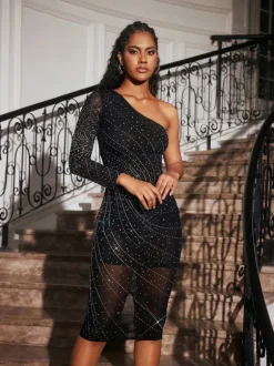 Abene One Shoulder Crystal Mesh Midi Dress