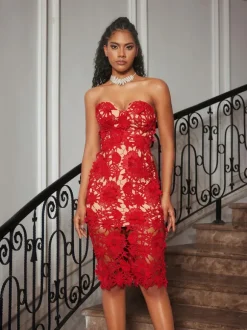 Achsa Strapless Flower Embroidered Midi Dress