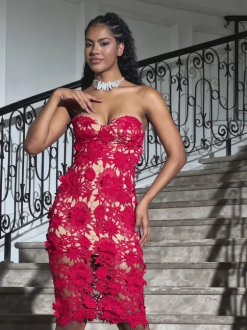 Achsa Strapless Flower Embroidered Midi Dress