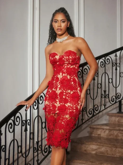 Achsa Strapless Flower Embroidered Midi Dress