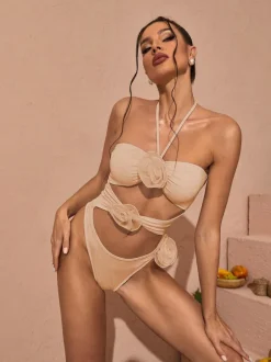 Addy Halterneck Cutout Embellished Swimsuit In Pink