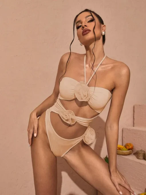 Addy Halterneck Cutout Embellished Swimsuit In Pink