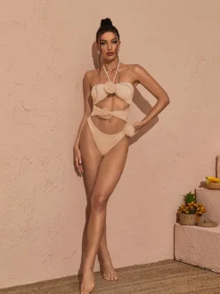 Addy Halterneck Cutout Embellished Swimsuit In Pink