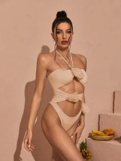 Addy Halterneck Cutout Embellished Swimsuit In Pink