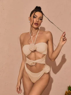 Addy Halterneck Cutout Embellished Swimsuit In Pink