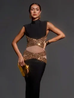 Adena High Neck Rhinestone Bandage Maxi Dress