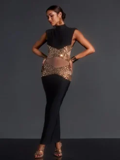 Adena High Neck Rhinestone Bandage Maxi Dress