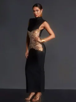 Adena High Neck Rhinestone Bandage Maxi Dress