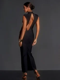 Adena High Neck Rhinestone Bandage Maxi Dress