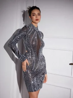 Adira Long Sleeve Rhinsetone Embellished Mini Dress