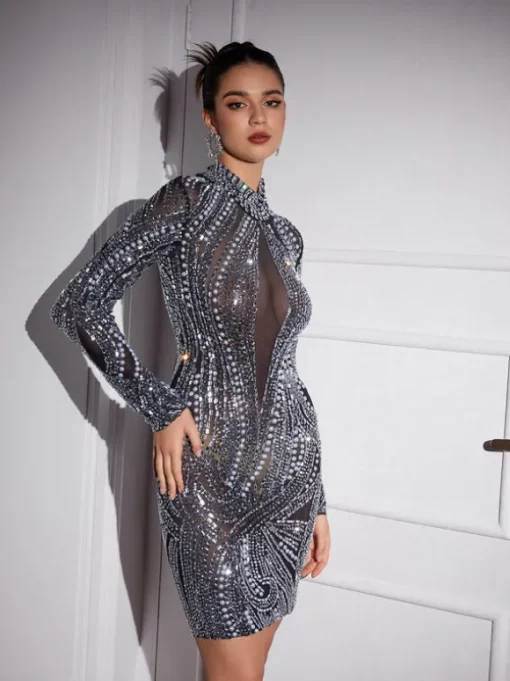 Adira Long Sleeve Rhinsetone Embellished Mini Dress