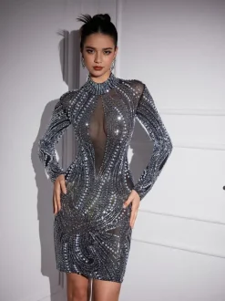 Adira Long Sleeve Rhinsetone Embellished Mini Dress