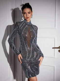 Adira Long Sleeve Rhinsetone Embellished Mini Dress