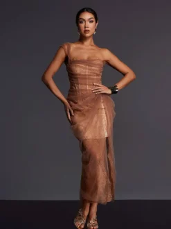 Adler One Shoulder Lace Mesh Midi Dress