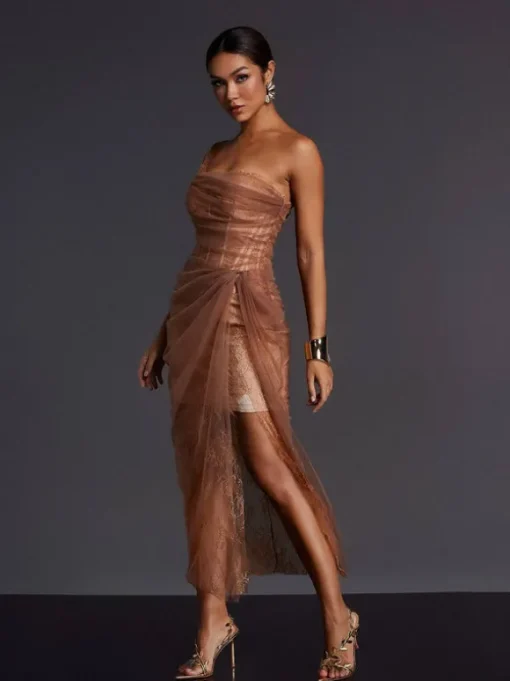 Adler One Shoulder Lace Mesh Midi Dress