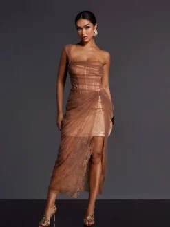 Adler One Shoulder Lace Mesh Midi Dress