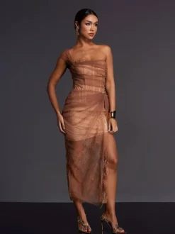 Adler One Shoulder Lace Mesh Midi Dress