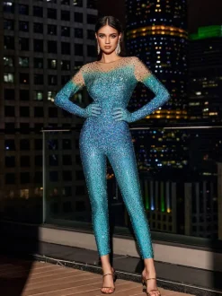 Adonis Ombre Rhinestone Gloves Jumpsuit