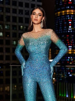 Adonis Ombre Rhinestone Gloves Jumpsuit