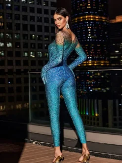 Adonis Ombre Rhinestone Gloves Jumpsuit