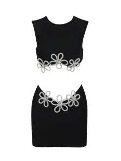 Adrien Floral Crystal Crop Bandage Skirt Set