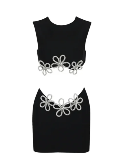 Adrien Floral Crystal Crop Bandage Skirt Set