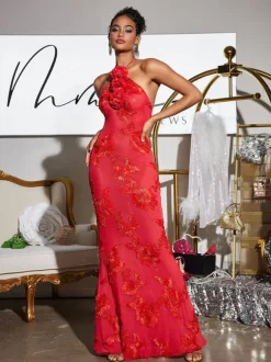 Aedin Halterneck Flower Maxi Dress In Red