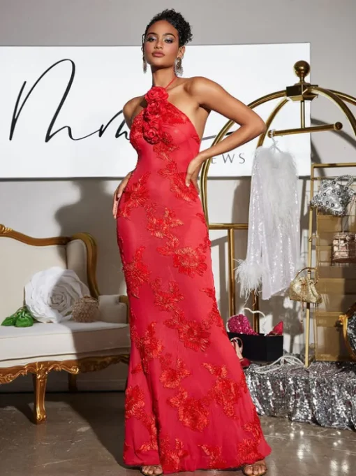 Aedin Halterneck Flower Maxi Dress In Red