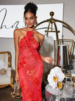Aedin Halterneck Flower Maxi Dress In Red