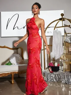 Aedin Halterneck Flower Maxi Dress In Red