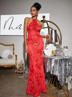 Aedin Halterneck Flower Maxi Dress In Red