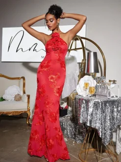 Aedin Halterneck Flower Maxi Dress In Red