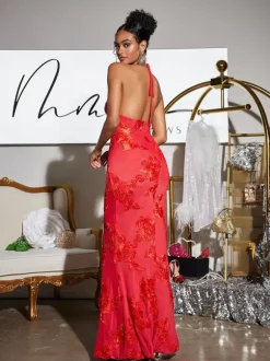 Aedin Halterneck Flower Maxi Dress In Red