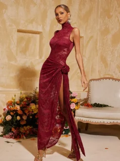 Aelithra High Neck Split Flower Maxi Dress In Wine