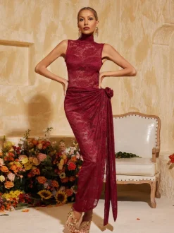 Aelithra High Neck Split Flower Maxi Dress In Wine