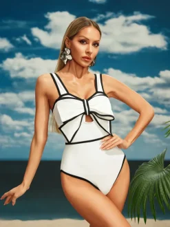 Afanen Bow One Piece Swimsuit In White