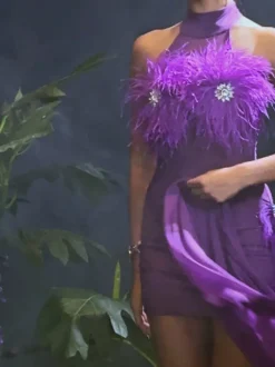 Aileen Feather Crystal Mini Dress In Purple