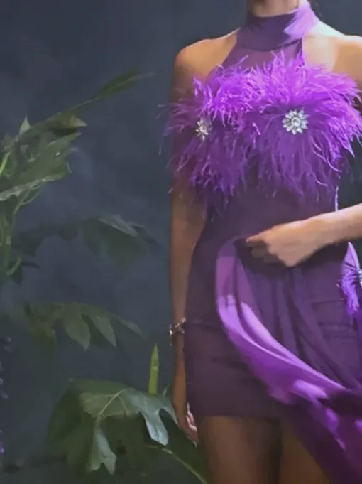 Aileen Feather Crystal Mini Dress In Purple