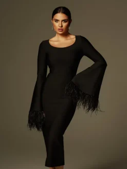 Ailyn Round Neck Feather Bandage Midi Dress