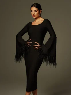 Ailyn Round Neck Feather Bandage Midi Dress
