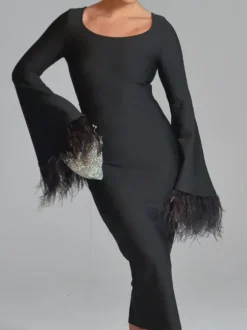 Ailyn Round Neck Feather Bandage Midi Dress