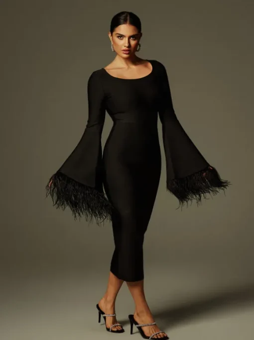 Ailyn Round Neck Feather Bandage Midi Dress