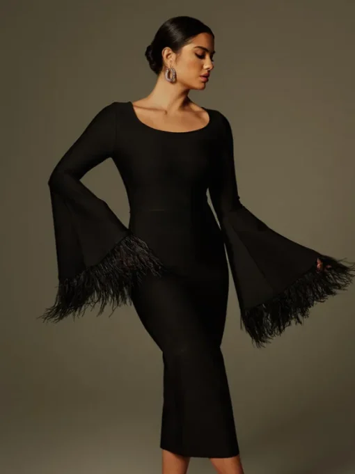 Ailyn Round Neck Feather Bandage Midi Dress