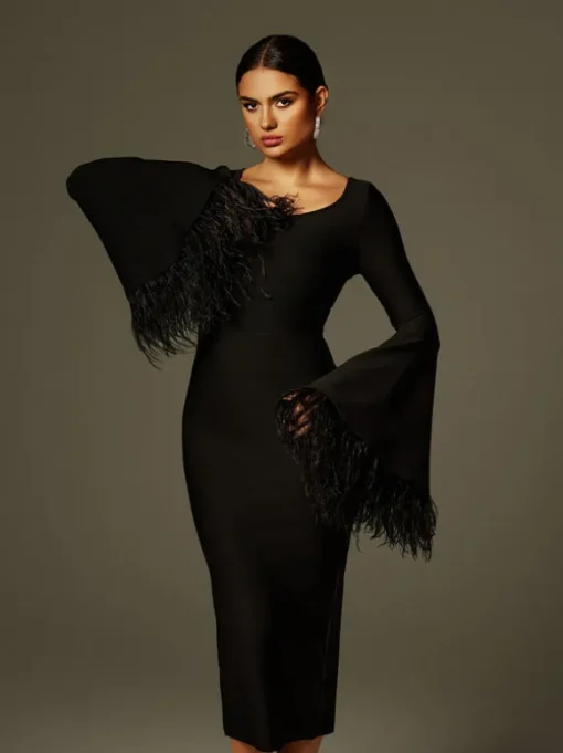 Ailyn Round Neck Feather Bandage Midi Dress