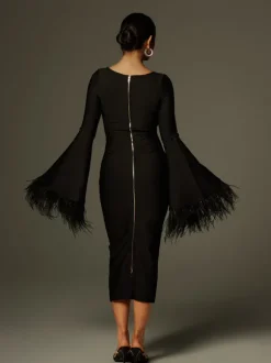 Ailyn Round Neck Feather Bandage Midi Dress