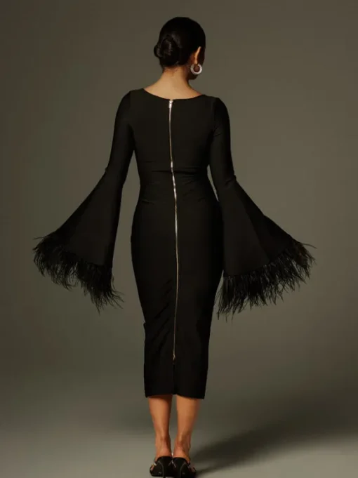 Ailyn Round Neck Feather Bandage Midi Dress