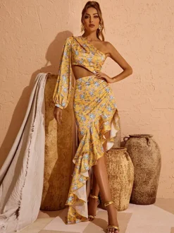 Aiyana One Shoulder Floral Maxi Dress In Yellow