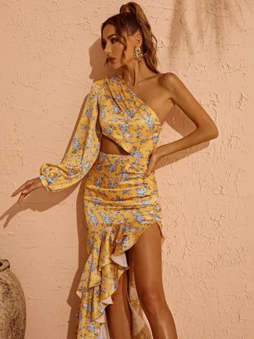 Aiyana One Shoulder Floral Maxi Dress In Yellow