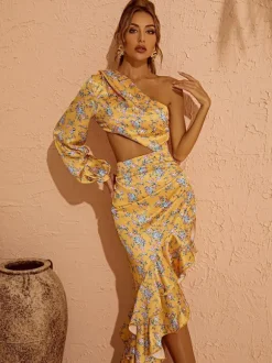 Aiyana One Shoulder Floral Maxi Dress In Yellow